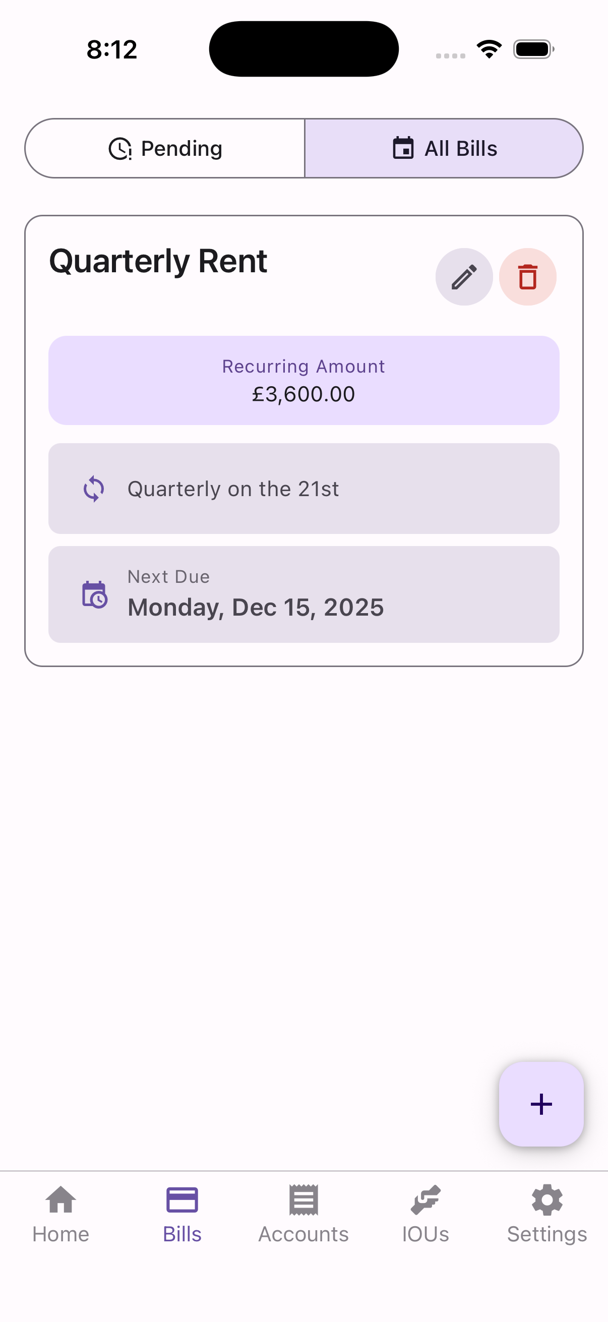 WiseWallet Bill Screen